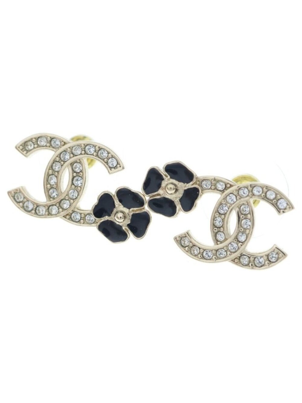 Chanel CC Logo Rhinestone Earrings Black Gold